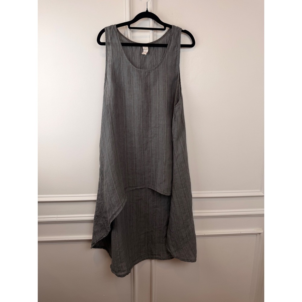 Chalet Linen Pinstripe High Low Tunic Top Sleeveless Grey Brown Lagenlook M